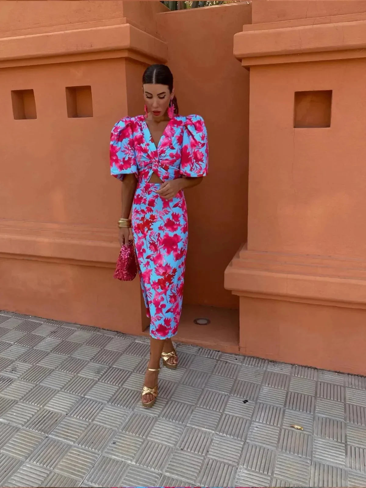 Van Veen™ | Kleurrijke Jurk met Geplooide Mouwen